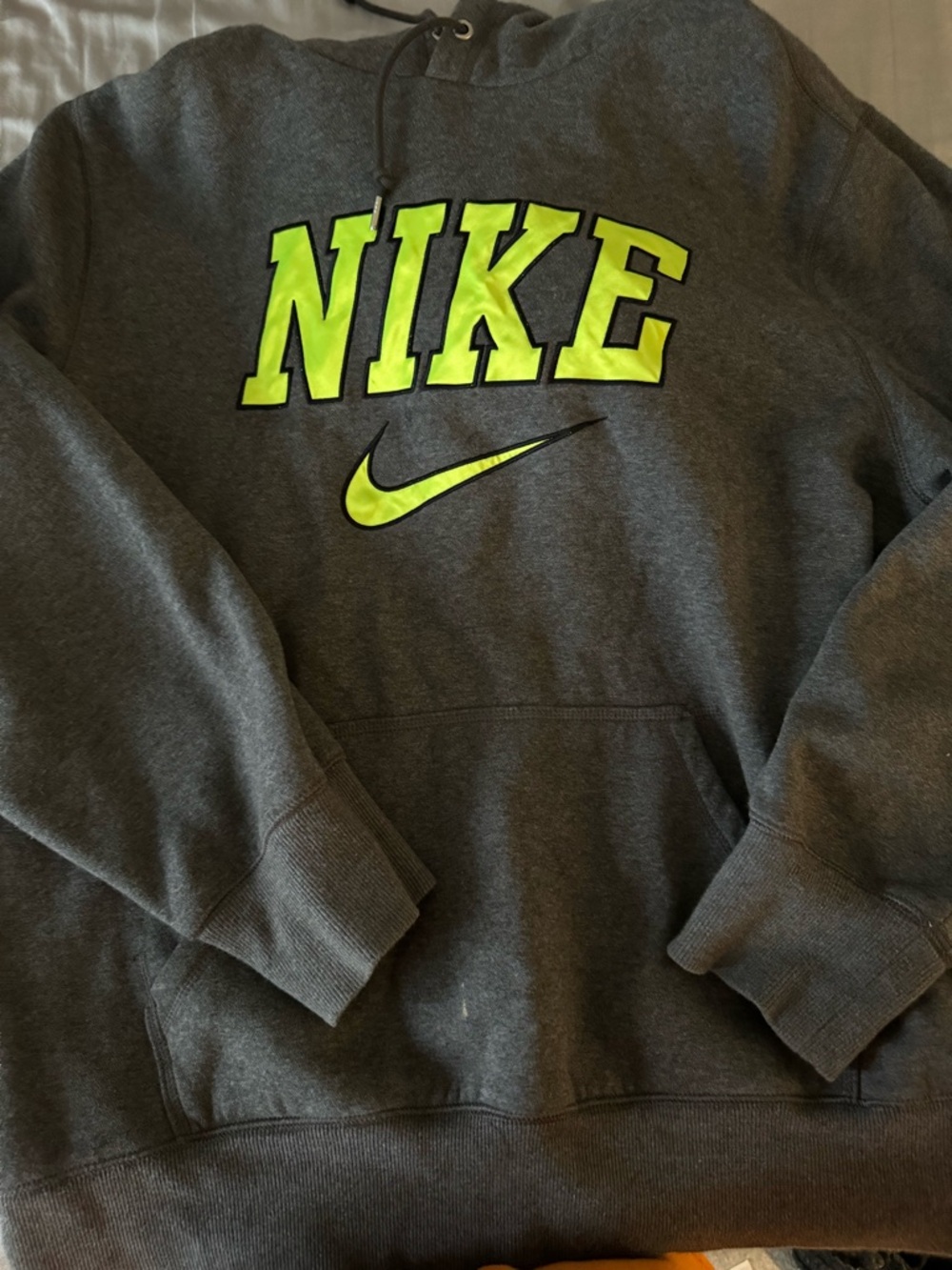 Nike Men’s Charcoal Crewneck Hoodie with Neon Yellow Swoosh